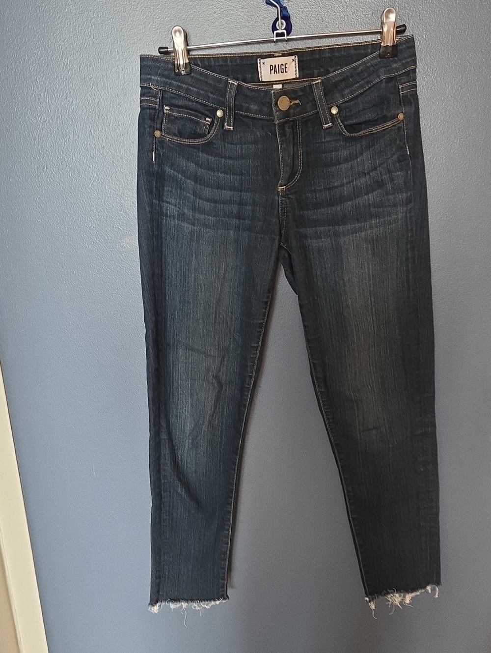 PAIGE Dark Indigo Cropped Skinny Jeans with Frayed Hem